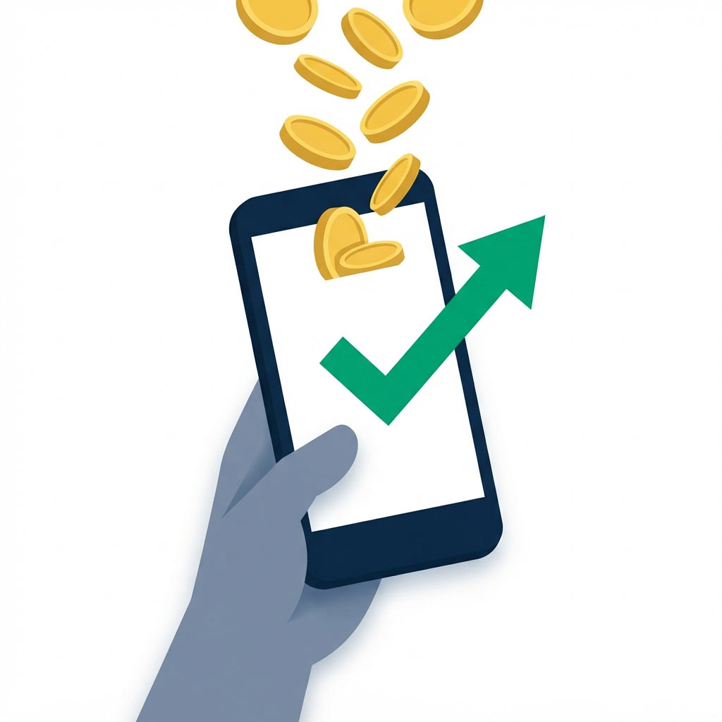 Illustration of coins dropping into a phone with a green checkmark and rising arrow